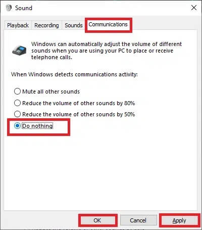 now-switch-to-the-communications-tab-and-click-on إصلاح استمرار انقطاع الصوت في نظام التشغيل Windows 10