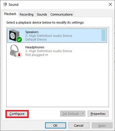 now-switch-to-the-playback-tab-and-click-on-confi إصلاح استمرار انقطاع الصوت في نظام التشغيل Windows 10