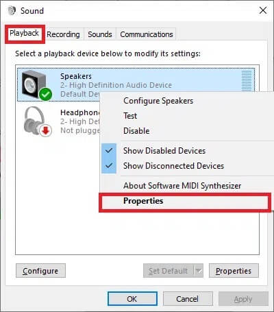 now-switch-to-the-playback-tab-and-right-click-on إصلاح استمرار انقطاع الصوت في نظام التشغيل Windows 10