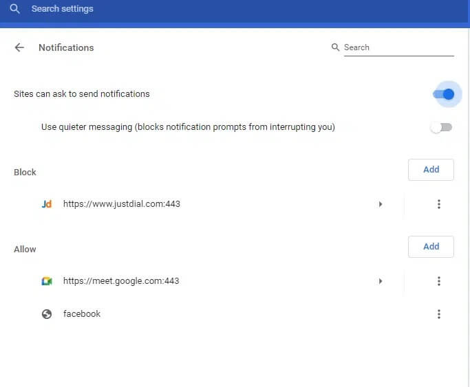 now-toggle-on-sites-can-ask-to-send-notifications كيفية إيقاف تشغيل إشعارات Facebook على Chrome