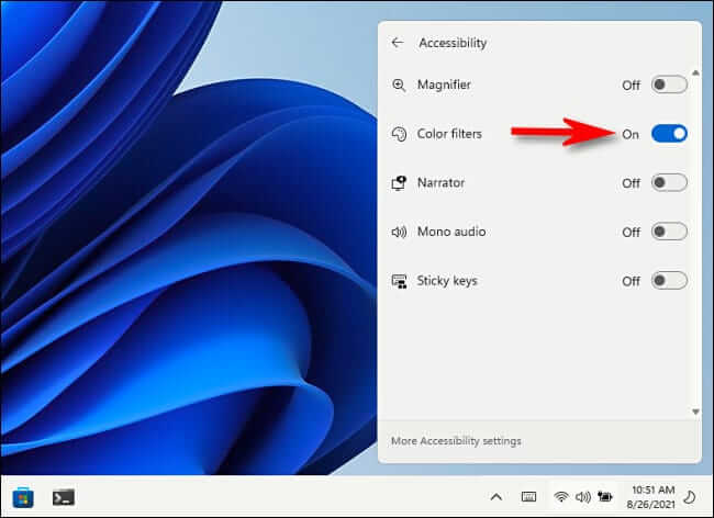quick_settings_color_filters_on كيفية استخدام فلتر الألوان في Windows 11