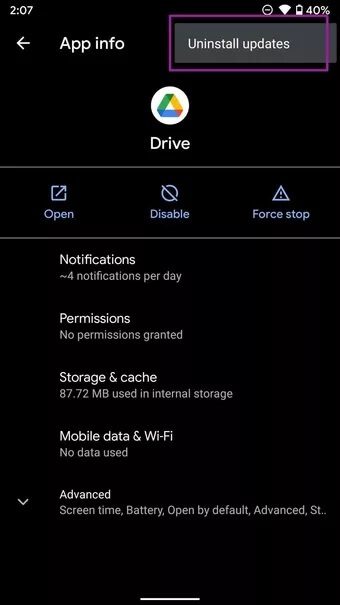 uninstall-google-drive-updates_7c4a12eb7455b3a1ce1ef1cadcf29289 أفضل 8 طرق لإصلاح تحميل Google Drive غير المكتمل على Android