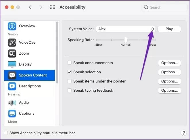 voice-selection-mac_4d470f76dc99e18ad75087b1b8410ea9 كيفية جعل جهاز Mac يقرأ المستندات ورسائل البريد الإلكتروني وصفحات الويب