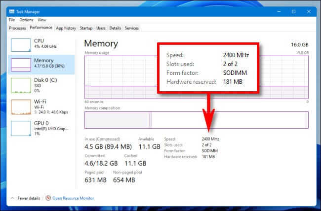 win11_ram_type_task_manager كيفية التحقق من مقدار ذاكرة الوصول العشوائي RAM ونوعها وسرعتها على نظام التشغيل Windows 11