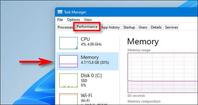 win11_task_manager_click_memory كيفية التحقق من مقدار ذاكرة الوصول العشوائي RAM ونوعها وسرعتها على نظام التشغيل Windows 11