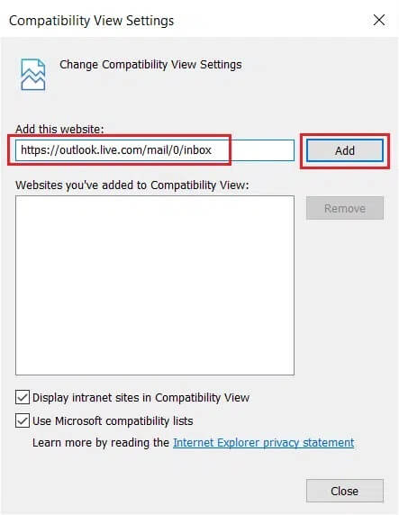 Add-the-same-link-in-Compatibility-View-Settings-and-click-on-Add إصلاح لا يمكن عرض المحتوى لأن عنصر تحكم S / MIME غير متاح