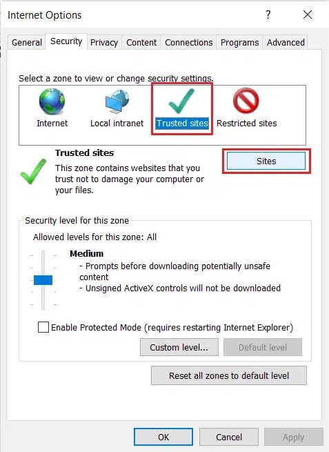 Choose-Trusted-Sites-in-Security-tab-of-Internet-Options-in-Internet-Explorer إصلاح لا يمكن عرض المحتوى لأن عنصر تحكم S / MIME غير متاح