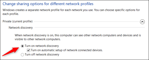 Click-Turn-On-Network-Discover. كيفية تعيين محرك أقراص الشبكة على Windows 10