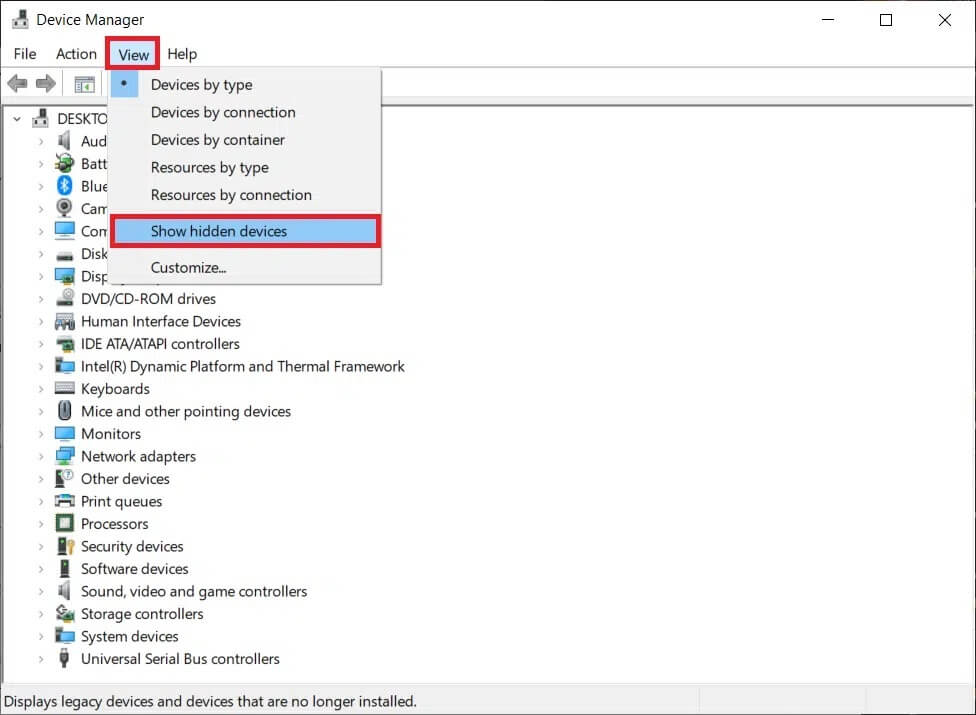 Click-on-View-and-then-enable-Show-hidden-devices كيفية تعطيل WiFi Direct في نظام التشغيل Windows 10