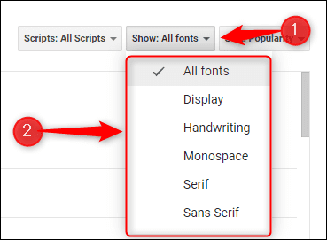 Click-the-down-arrow-to-show-the-drop-down-menu-and-then-click-the-filter-option-to-select-it. كيفية البحث عن الخطوط وإضافتها وإزالتها في Google Slides