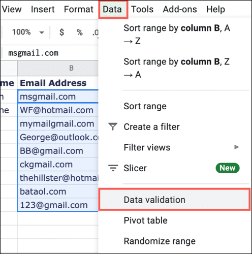 DataValidation-GoogleSheetsValidEmail كيفية تقييد البيانات إلى عناوين البريد الإلكتروني في Google Sheets