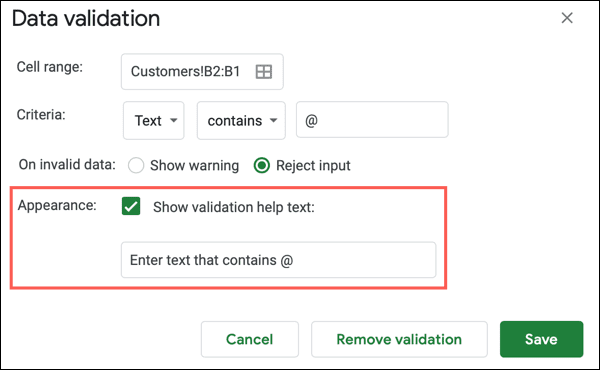 DataValidationAppearance-GoogleSheetsValidEmail كيفية تقييد البيانات إلى عناوين البريد الإلكتروني في Google Sheets