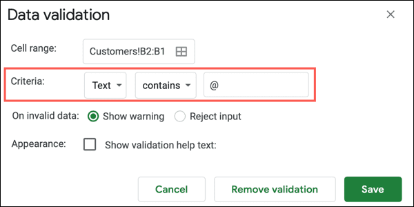 DataValidationCriteria-GoogleSheetsValidEmail كيفية تقييد البيانات إلى عناوين البريد الإلكتروني في Google Sheets