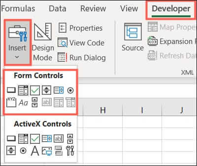 DeveloperInsertFormControls-ExcelBasicForm كيفية إنشاء نموذج أساسي في Microsoft Excel
