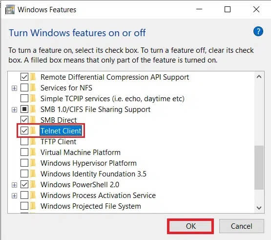 Enable-Telnet-Client-by-ticking-the-box-next-to-it كيفية تمكين Telnet في Windows 7/10