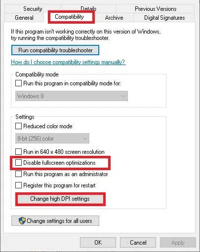 Fullscreen-optimizations-and-change-high-DPI-settings إصلاح شاشة League of Legends السوداء في Windows 10