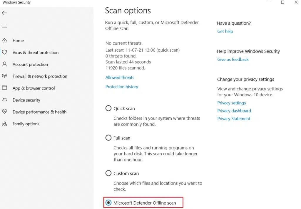 Microsoft-Defender-Offline-Scan-under-Virus-threat-Protection-Scan-Options-1024x712-1 كيفية إصلاح Chrome يستمر في التوقف