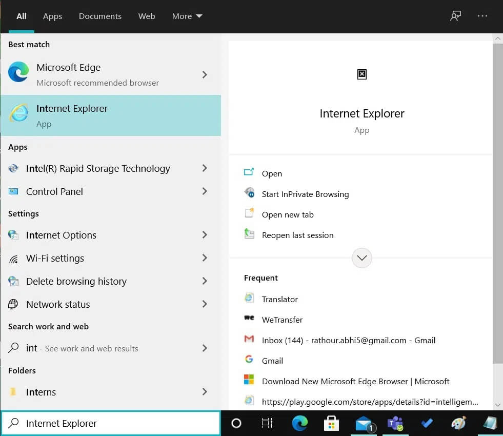 Open-Internet-Explorer-by-typing-it-in-the-Windows-Search-box إصلاح لا يمكن عرض المحتوى لأن عنصر تحكم S / MIME غير متاح