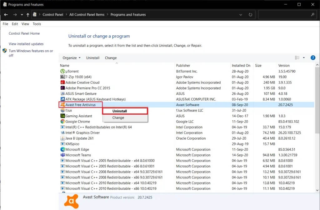 Right-click-on-Avast-Free-Antivirus-and-select-Uninstall-1024x672-1 8 طرق لإصلاح عدم عمل تعدد اللاعبين على Risk of Rain 2