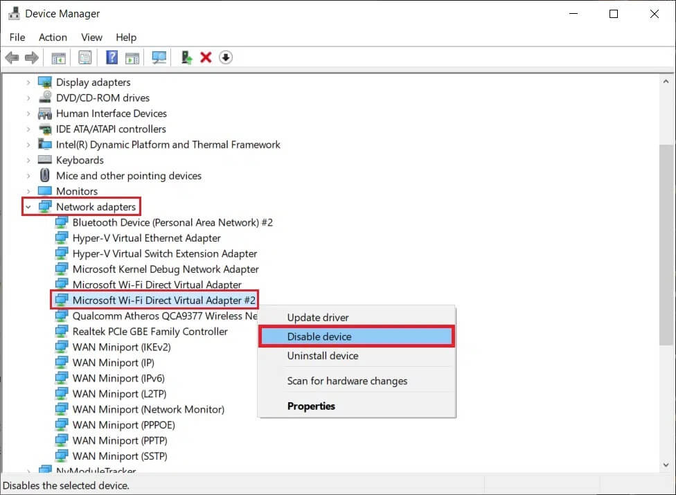 Right-click-on-Microsoft-WiFi-Direct-virtual-adapter-and-select-Disable كيفية تعطيل WiFi Direct في نظام التشغيل Windows 10