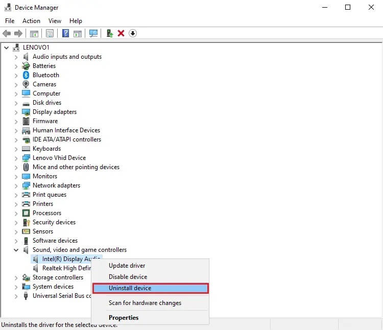 Right-click-on-your-audio-driver-and-click-on-Uninstall إصلاح خطأ لم يتم ترحيل الجهاز على نظام التشغيل Windows 10