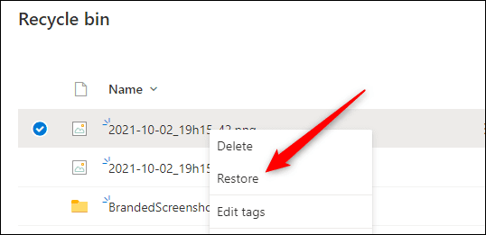 Right-click-the-file-and-then-click-Restore. كيفية استعادة الملفات والمجلدات المحذوفة في Microsoft OneDrive