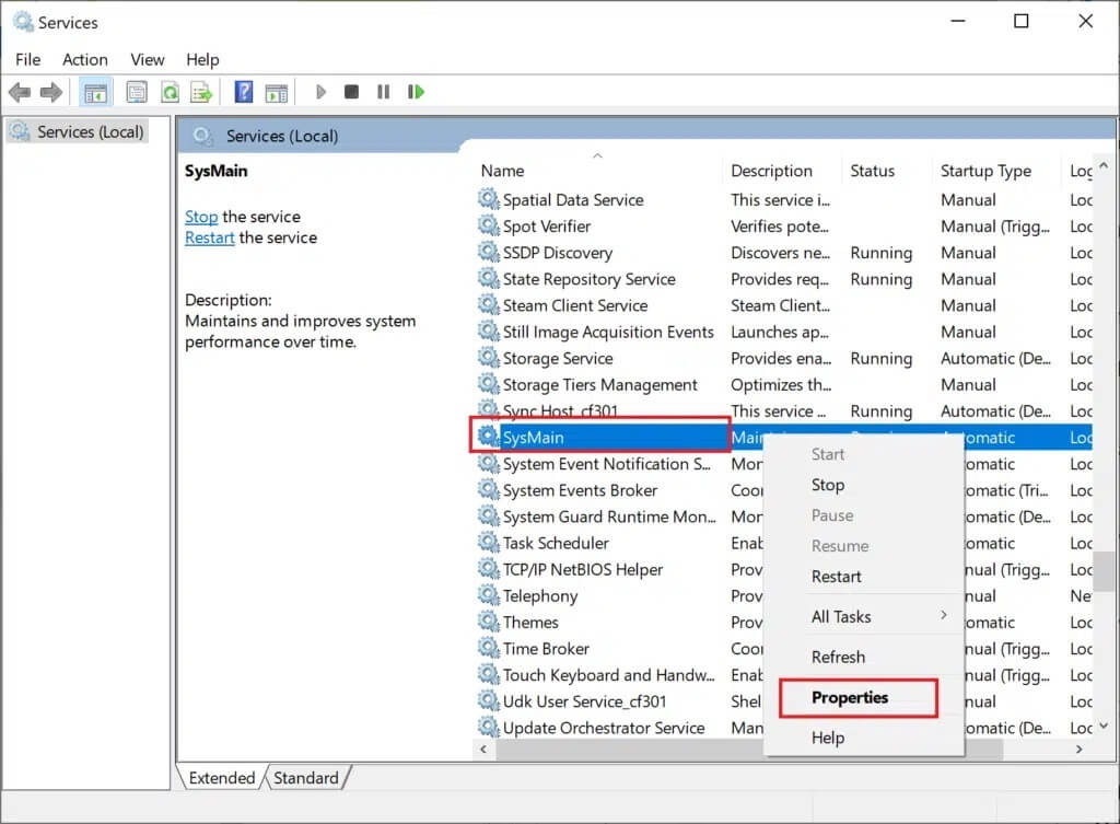 Scroll-down-to-SysMain.-Right-click-on-it-and-select-Properties إصلاح الاستخدام العالي لـ CPU لعملية خدمة مضيف DISM