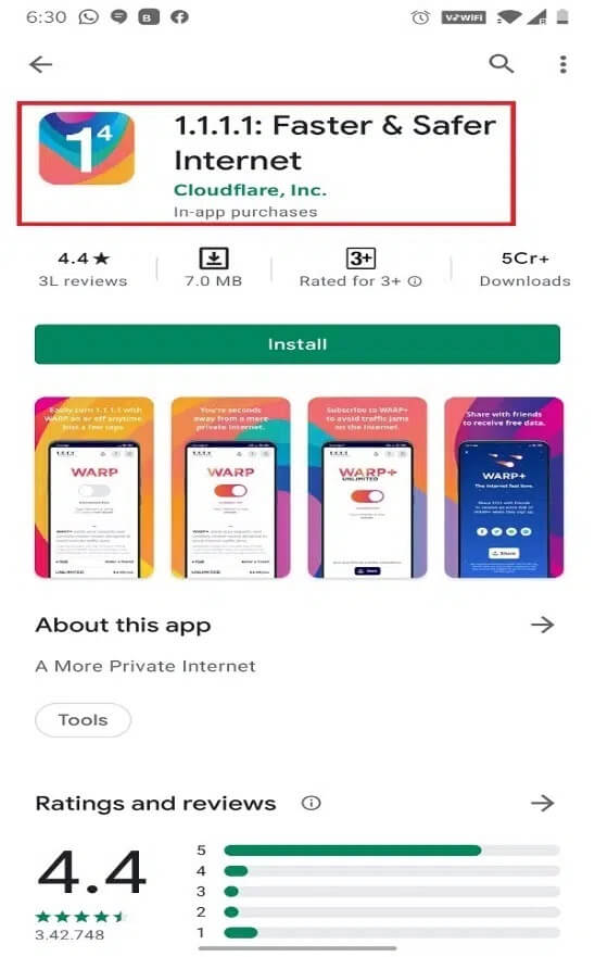 Search-for-1.1.1.1-or-Cloudflare-on-the-search-bar-given-at-the-top-of-the-screen.-Tap-Install كيفية الوصول إلى المواقع المحظورة على Android