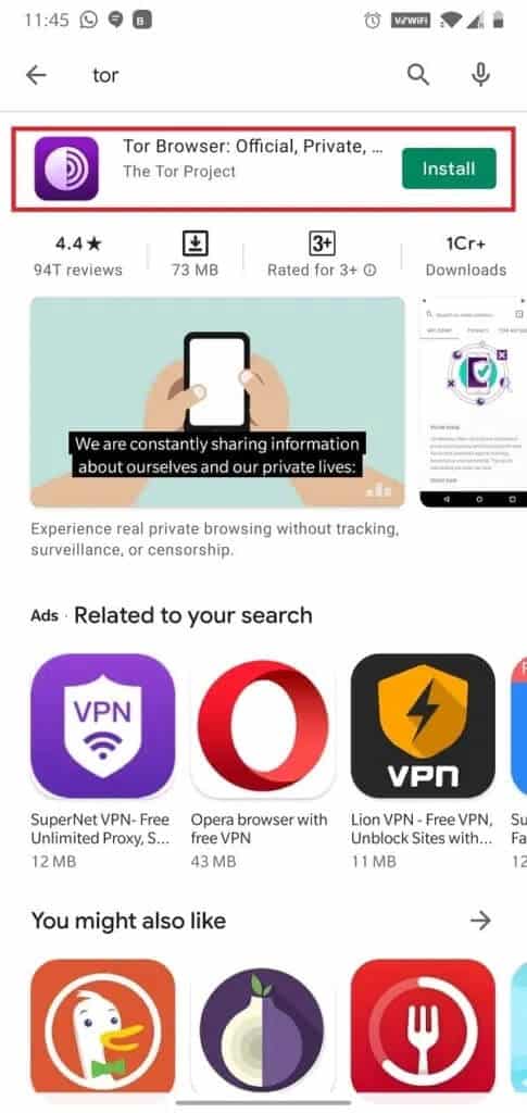 Search-for-Tor-on-the-search-bar-given-at-the-top-of-the-screen-and-tap-on-Install-485x1024-1 كيفية الوصول إلى المواقع المحظورة على Android