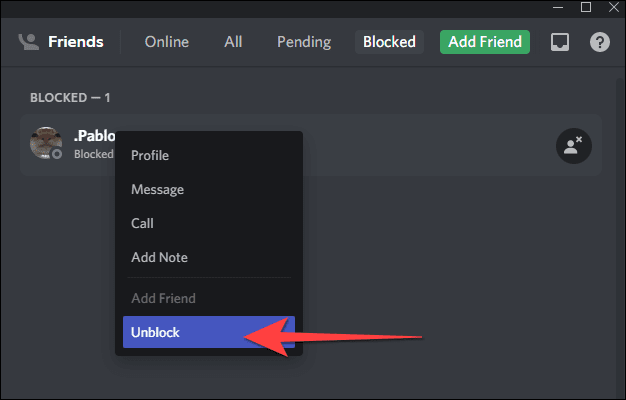 Select-Unblock-from-the-menu-in-discord كيفية حظر أو إلغاء حظر الأشخاص على Discord