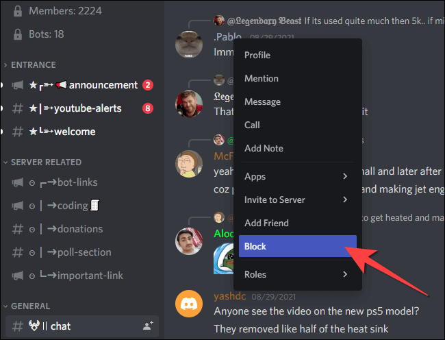 Select-block-from-the-menu كيفية حظر أو إلغاء حظر الأشخاص على Discord