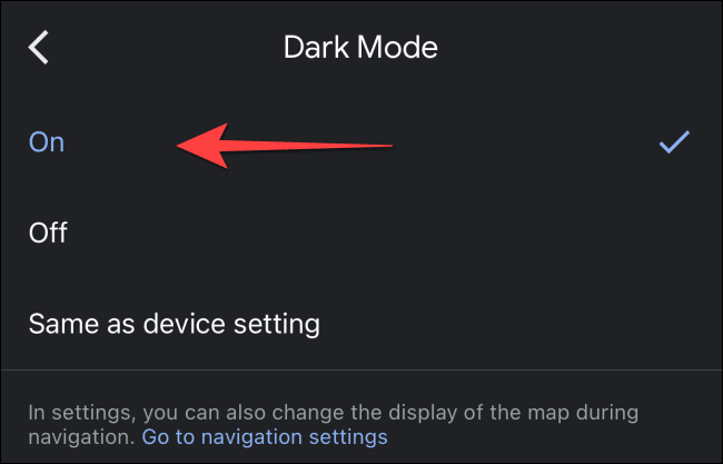 Select-on-to-choose-the-dark-mode-in-google-maps-on-iphone-and-ipad كيفية تشغيل الوضع الداكن في خرائط Google على iPhone و iPad