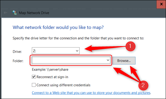 Select-the-Drive-letter-and-folder. كيفية تعيين محرك أقراص الشبكة على Windows 10