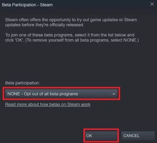 Steam-NONE-Opt-out-of-all-beta-programs إصلاح استمرار تعطل Steam