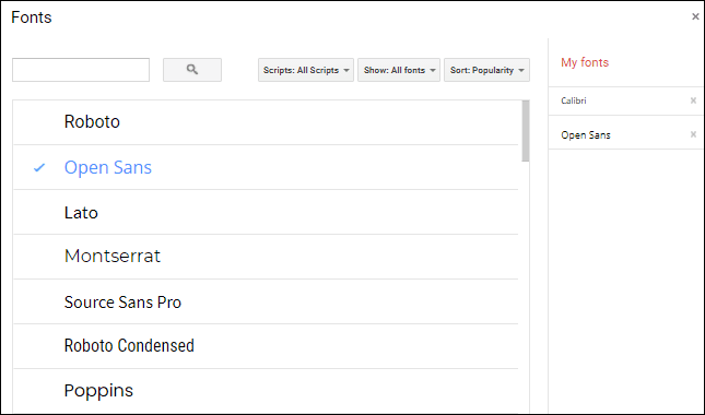The-Fonts-window. كيفية البحث عن الخطوط وإضافتها وإزالتها في Google Slides