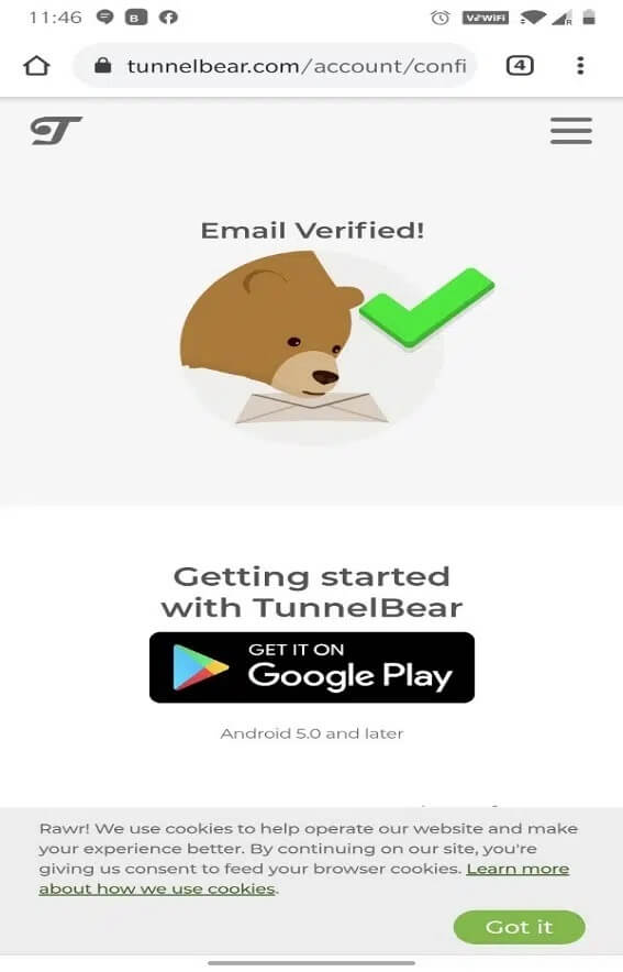 Tunnel-Bear-web-page-where-it-will-display-Email-Verified كيفية الوصول إلى المواقع المحظورة على Android