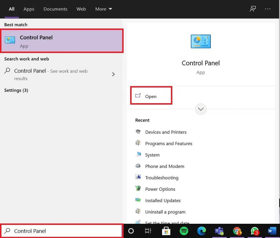 Type-Control-Panel-in-the-search-bar-and-click-Open.-2 كيفية حذف Discord