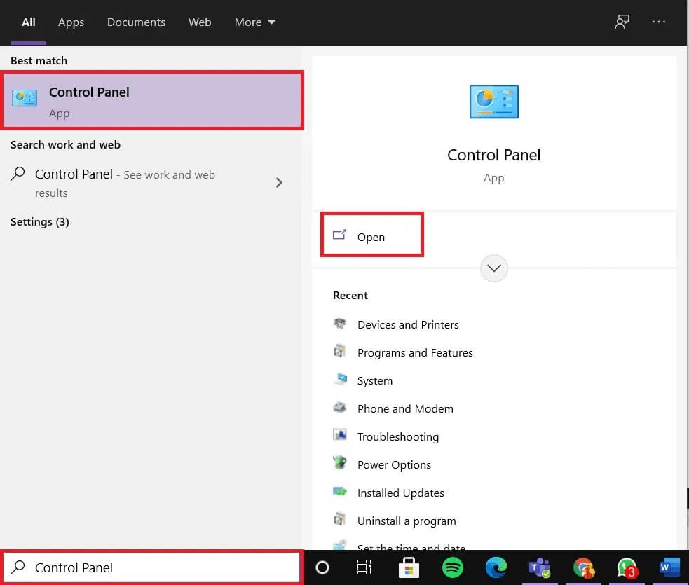 Type-Control-Panel-in-the-search-bar-and-click-Open. إصلاح الاستخدام العالي لـ CPU لعملية خدمة مضيف DISM