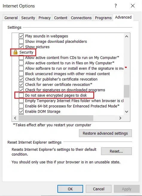 Uncheck-Do-not-save-encrypted-pages-to-disk-in-Settings-sections-of-Advanced-tab-of-Internet-Options-in-Internet-Explorer إصلاح لا يمكن عرض المحتوى لأن عنصر تحكم S / MIME غير متاح