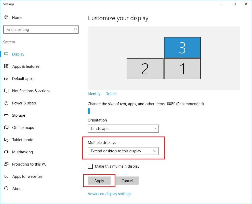 change-multiple-displays-in-display-system-settings كيفية إعداد 3 شاشات على جهاز كمبيوتر محمول