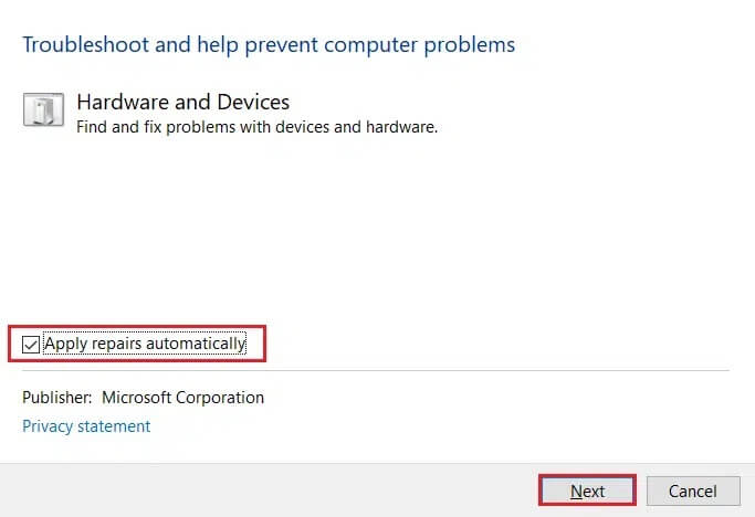 check-apply-repairs-automatically-option-in-hardware-and-devices-troubleshooter-and-click-on-Next إصلاح جهاز USB غير معروف في Windows 10