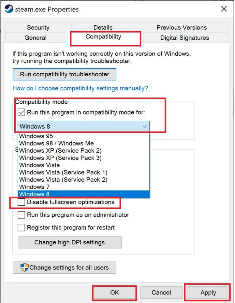 check-the-box-next-to-disable-fullscreen-optimizat-796x1024-1 إصلاح استمرار تعطل Steam