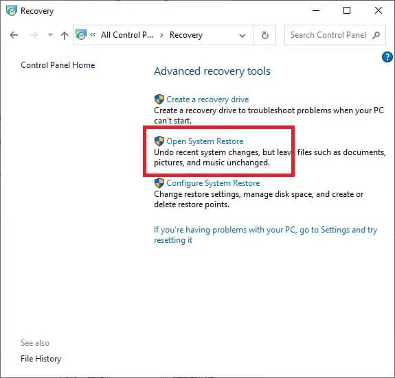 choose-open-system-restore- إصلاح الاستخدام العالي لـ CPU لعملية خدمة مضيف DISM