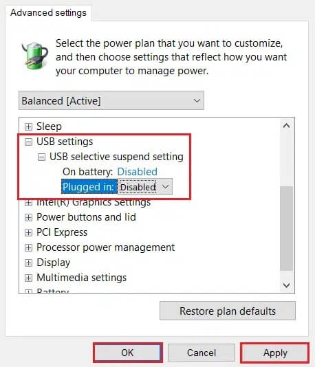 click-Apply-then-OK-to-save-changes-after-disabling-usb-selective-supend-settings-in-usb-settings-in-Change-advanced-power-settings-window إصلاح جهاز USB غير معروف في Windows 10