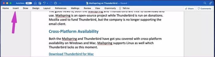 click-insert-on-mac_935adec67b324b146ff212ec4c69054f كيفية إضافة أرقام الصفحات في Microsoft Word