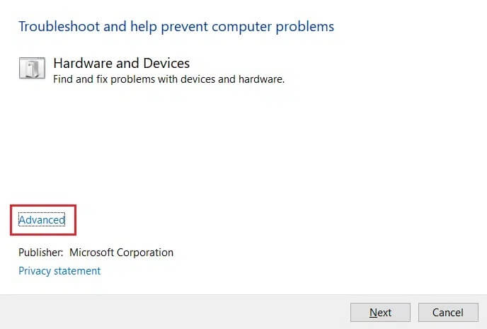 click-on-Advanced-option-in-Hardware-and-Devices-Troubleshooter-1 إصلاح جهاز USB غير معروف في Windows 10