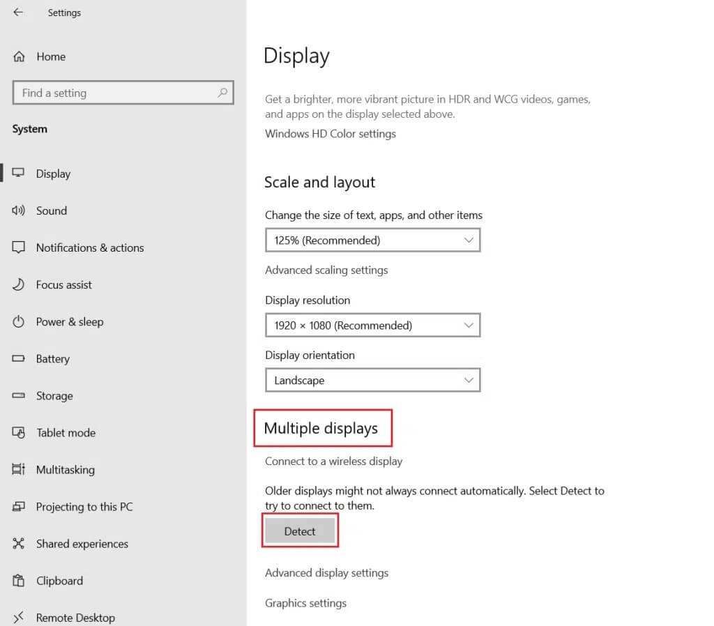click-on-Detect-underder-Multiple-displays-section-in-display-system-settings-in-windows-10-1024x898-1 كيفية إعداد 3 شاشات على جهاز كمبيوتر محمول