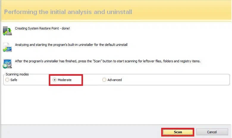 click-on-Moderate-and-click-the-Scan-in-Performing-the-initial-analysis-and-uninstall-windows-in-Revo-Uninstaller كيفية حذف Discord