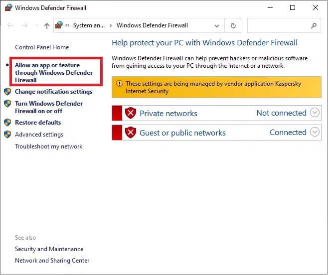 click-on-allow-an-app-or-feature-through-windows-d إصلاح عدم فتح Spotify على Windows 10