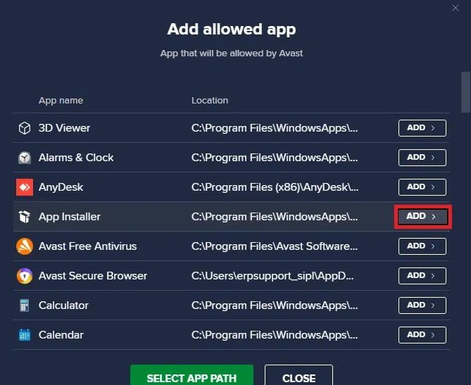 click-on-app-installer-and-select-add-button-to-add-exclusion-in-Avast-Free-Antivirus إصلاح استمرار تعطل Steam
